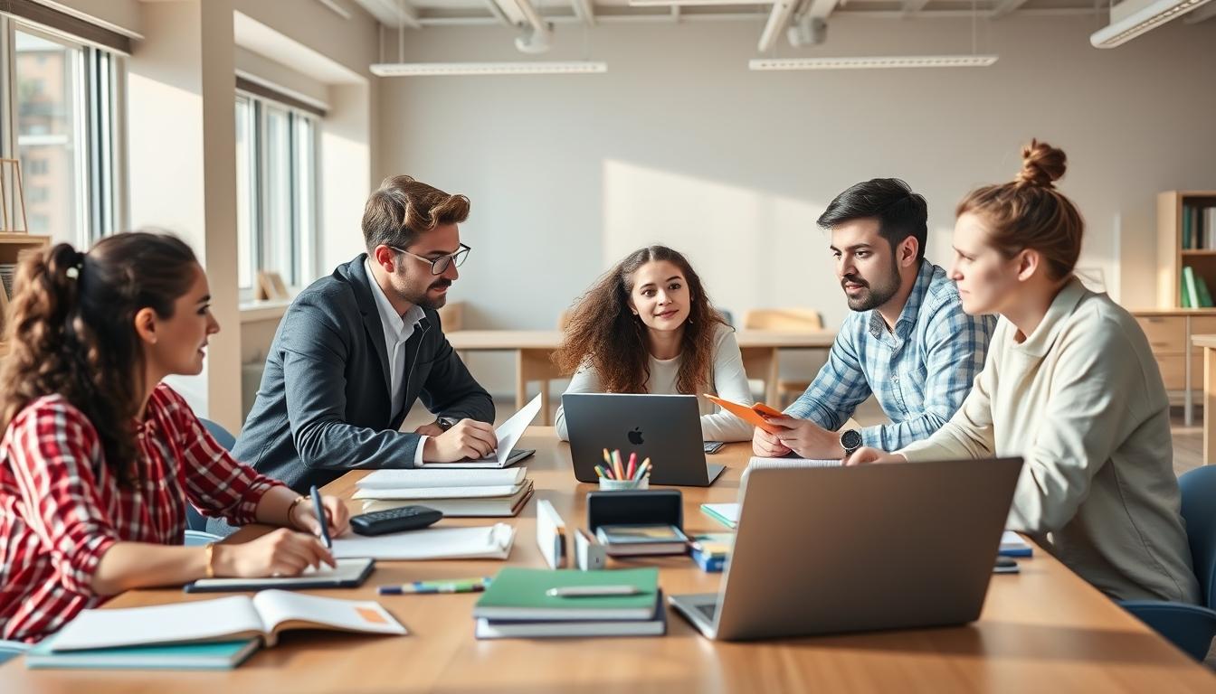 Students studying together in modern classroom